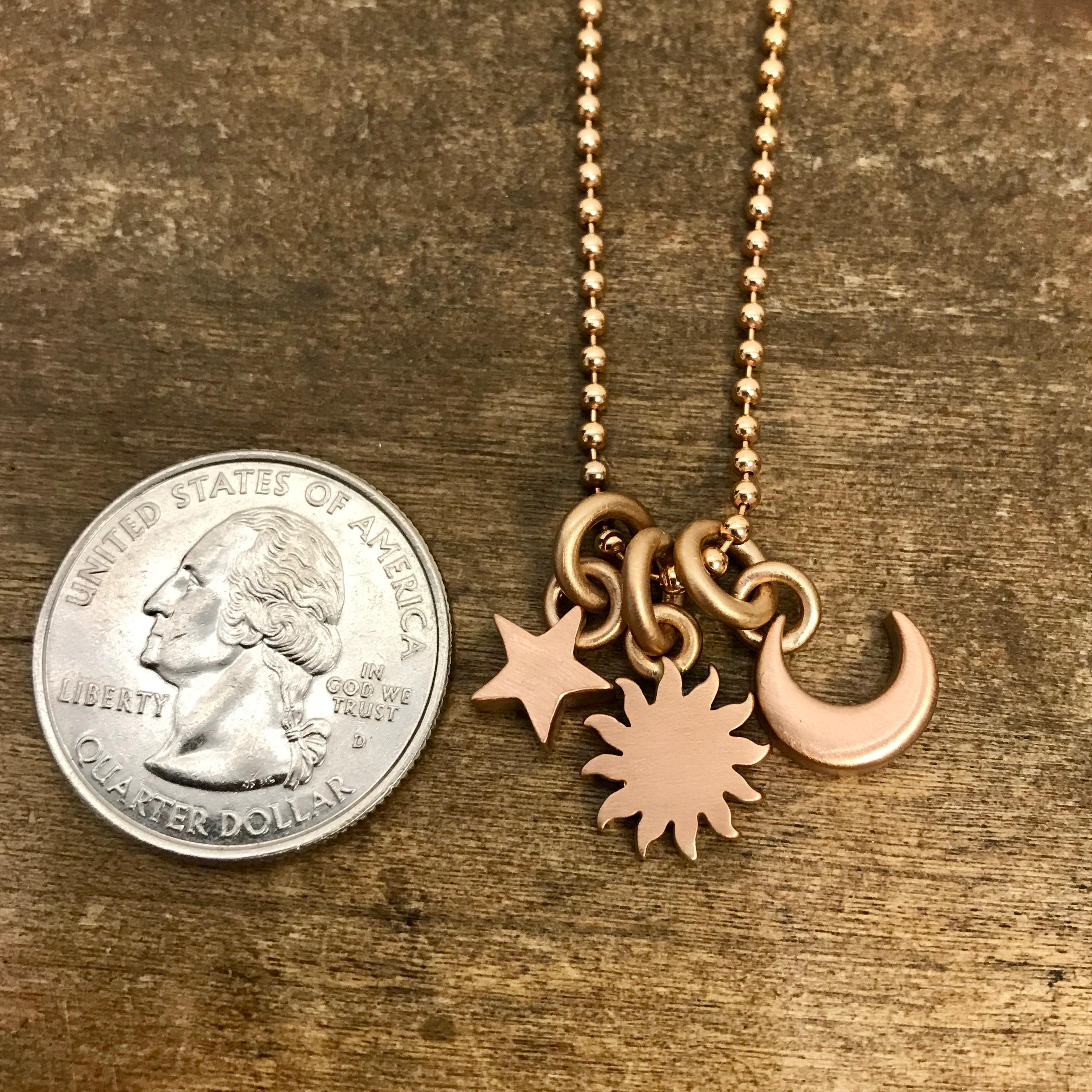 18k Pink Gold Small Sun,18k Pink Gold Small Moon & 18k Pink Gold Tiny 5  Point Star