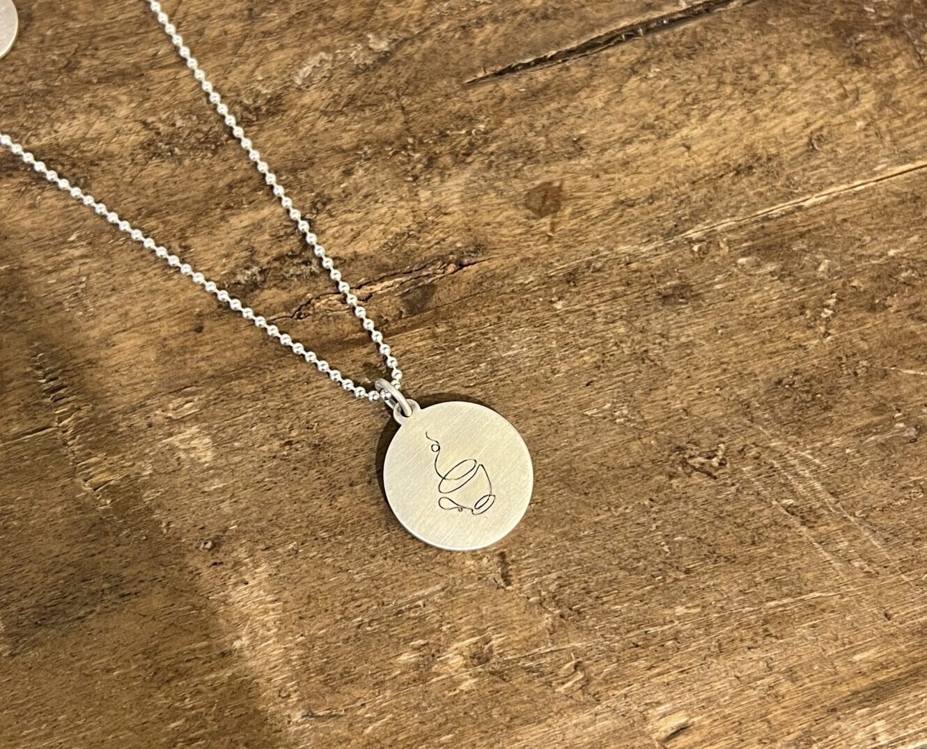 Sterling Disc w/ Laser Engraved Coffee Cup on a Chain