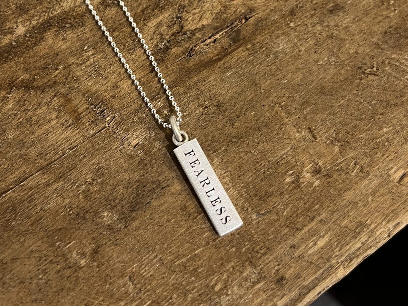 Sterling Hanging Bar w/ Laser Engraved “Fearless” on a Chain (Copy)