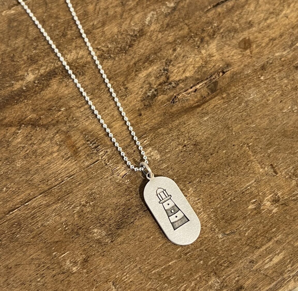 Sterling Oval Disc w/ Laser Engraved Lighthouse on a Chain